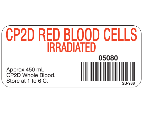 White 1" x 2-1/4" Blood Product Labels with Codabar Symbology  - With Imprint: CP2D RED BLOOD CELLS / IRRADIATED / 05080 / From 450 mL / CP2D Whole Blood. / Store at 1 to 6 C.