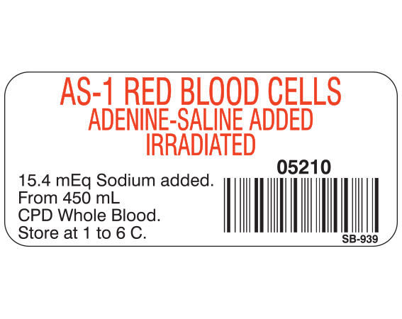SB-9391 White 1" x 2-1/4" Blood Product Labels with Codabar Symbology - With Imprint: AS-1 RED BLOOD CELLS / ADENINE-SALINE ADDED / IRRADIATED / 05210 / 15.4 mEq Sodium added. / From 450 mL / CPD Whole Blood. / Store at 1 to 6 C.