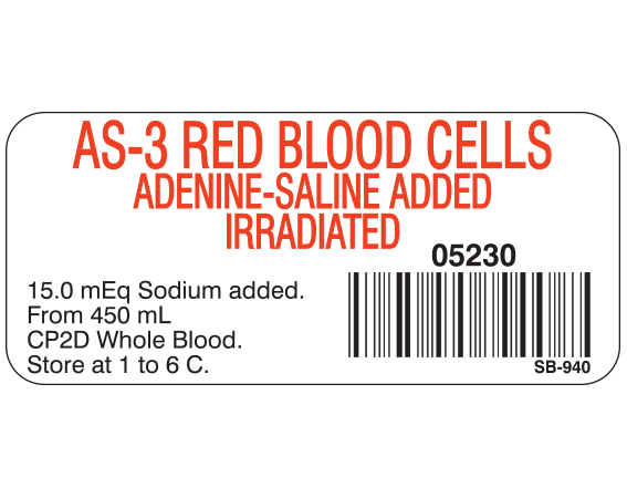 SB-940 White 1" x 2-1/4" Blood Product Labels with Codabar Symbology - With Imprint: AS-3 RED BLOOD CELLS / ADENINE-SALINE ADDED / IRRADIATED / 05230 / 15.0 mEq Sodium added. / From 450 mL / CP2D Whole Blood. / Store at 1 to 6 C.