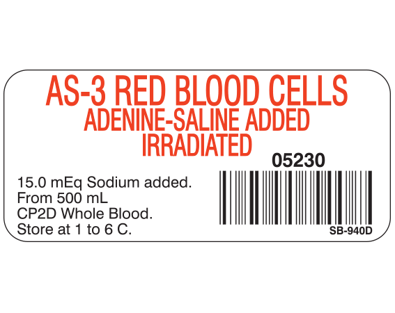 SB-940d White 1" x 2-1/4" Blood Product Labels with Codabar Symbology - With Imprint: AS-3 RED BLOOD CELLS / ADENINE-SALINE ADDED / IRRADIATED / 05230 / 15.0 mEq Sodium added. / From 500 mL / CP2D Whole Blood. / Store at 1 to 6 C.