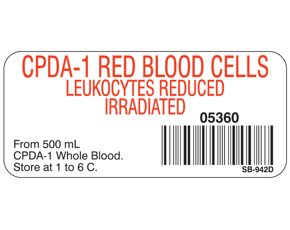 White 1" x 2-1/4" Blood Product Labels with Codabar Symbology  - With Imprint: CPDA-1 RED BLOOD CELLS / LEUKOCYTES REDUCED / IRRADIATED / 05360 / From 500 mL / CPDA-1 Whole Blood. / Store at 1 to 6 C.