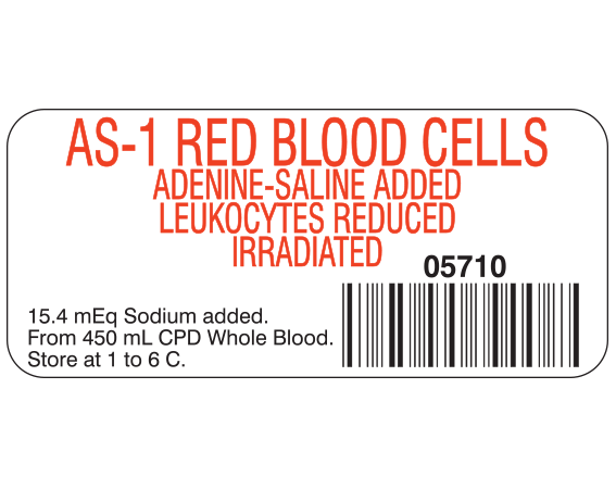 SB-9431 White 1" x 2-1/4" Blood Product Labels with Codabar Symbology - With Imprint: AS-1 RED BLOOD CELLS / ADENINE-SALINE ADDED / LEUKOCYTES REDUCED / IRRADIATED / 05710 / 15.4 mEq Sodium added. / From 450 mL CPD Whole Blood. / Store at 1 to 6 C.
