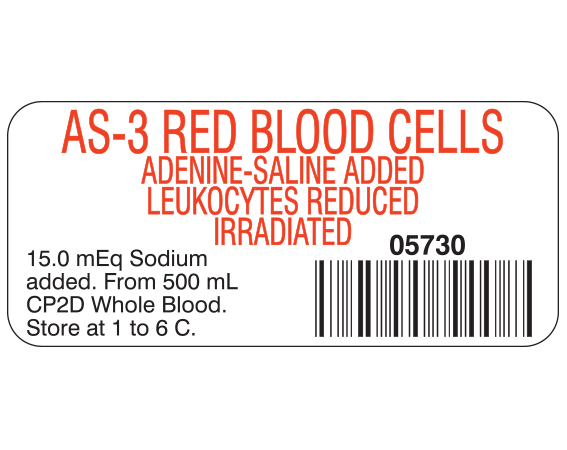 SB-944D White 1" x 2-1/4" Blood Product Labels with Codabar Symbology - With Imprint: AS-3 RED BLOOD CELLS / ADENINE-SALINE ADDED / LEUKOCYTES REDUCED / IRRADIATED / 05730 / 15.0 mEq Sodium / added. From 500 mL / CP2D Whole Blood. / Store at 1 to 6 C.