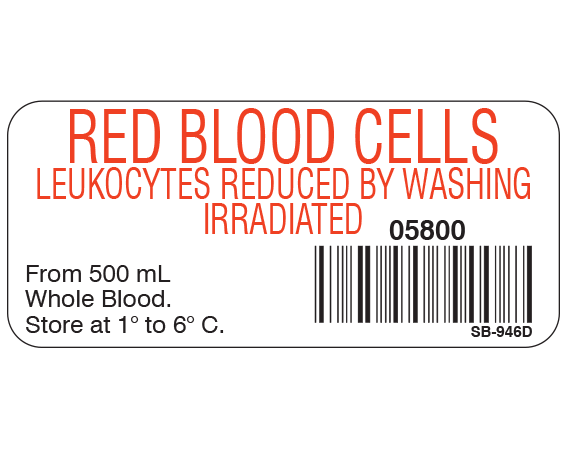 White 1" x 2-1/4" Blood Product Labels with Codabar Symbology  - With Imprint: RED BLOOD CELLS / LEUKOCYTES REDUCED BY WASHING / IRRADIATED / 05800 / From 500 mL / Whole Blood. / Store at 1 to 6 C.