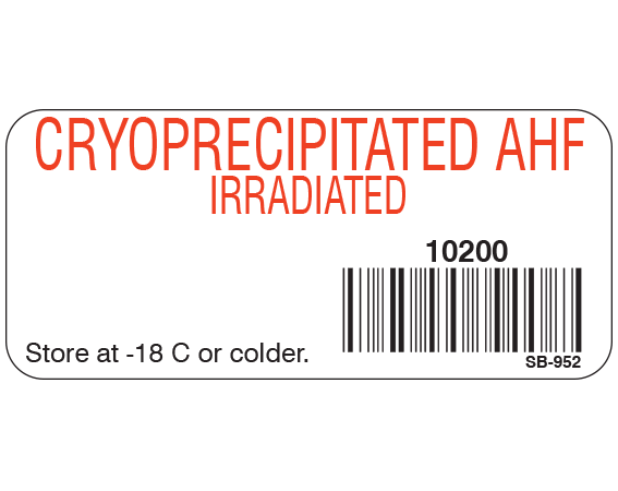 White 1" x 2-1/4" Blood Product Labels with Codabar Symbology  - With Imprint: CRYOPRECIPITATED AHF / IRRADIATED / 10200 / Store at -18 C or colder.