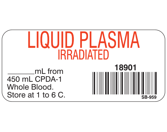 White 1" x 2-1/4" Blood Product Labels with Codabar Symbology  - With Imprint: LIQUID PLASMA / IRRADIATED / 18901 / _____ mL from / 450 mL CPDA-1 / Whole Blood. / Store at 1 to 6 C.