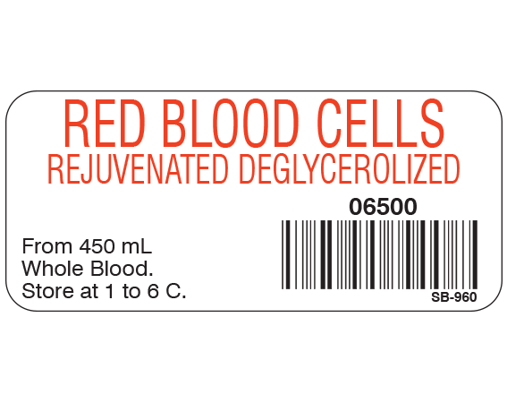 White 1" x 2-1/4" Blood Product Labels with Codabar Symbology  - With Imprint: RED BLOOD CELLS / REJUVENATED DEGLYCEROLIZED / 06500 / From 450 mL / Whole Blood. / Store at 1 to 6 C.