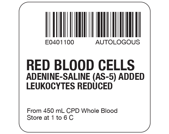SB128-20-28-1 White 2 " x 2" Red Blood Cells Product Labels for Compliance with ISBT 128 Standards - With Imprint: E0401100 AUTOLOGOUS / RED BLOOD CELLS / ADENINE-SALINE (AS-5) ADDED / LEUKOCYTES REDUCED / From 450 mL CPD Whole Blood / Store at 1 to 6 C