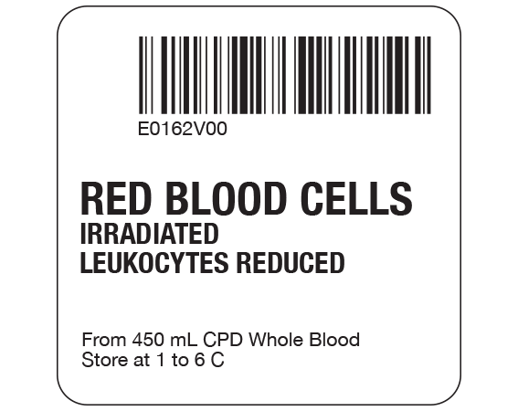 SB128-20-33 White 2 " x 2" Red Blood Cells Product Labels for Compliance with ISBT 128 Standards - With Imprint: E0162V00 / RED BLOOD CELLS / IRRADIATED / LEUKOCYTES REDUCED / From 450 mL CPD Whole Blood / Store at 1 to 6 C