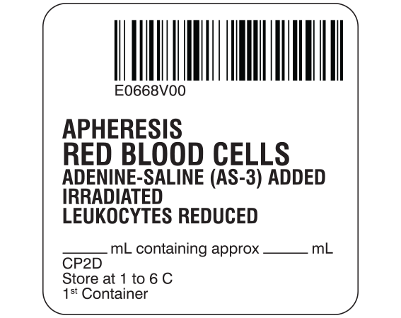 SB128-20-511 White 2 " x 2" Red Blood Cells Product Labels for Compliance with ISBT 128 Standards - With Imprint: E0668V00 / APHERESIS / RED BLOOD CELLS / ADENINE-SALINE (AS-3) ADDED / IRRADIATED / LEUKOCYTES REDUCED / _____ mL containing approx / _____ mL CP2D / Store at 1 to 6 C / 1st Container