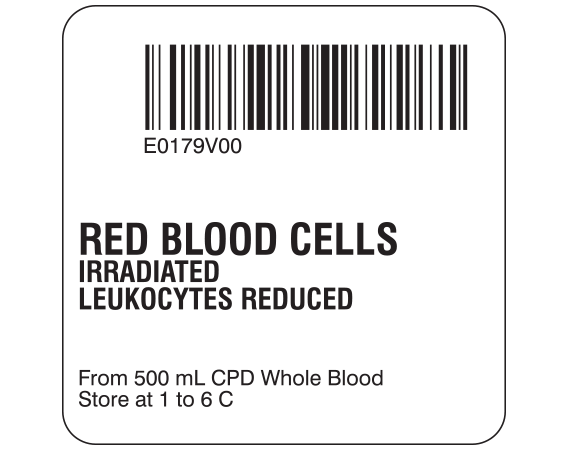 SB128-20-68 White 2 " x 2" Red Blood Cells Product Labels for Compliance with ISBT 128 Standards - With Imprint: E0179V00 / RED BLOOD CELLS / IRRADIATED / LEUKOCYTES REDUCED / From 500 mL CPD Whole Blood / Store at 1 to 6 C