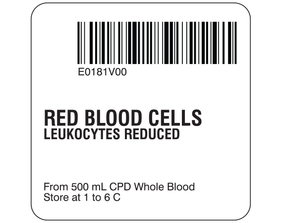 SB128-20-72 White 2 " x 2" Red Blood Cells Product Labels for Compliance with ISBT 128 Standards - With Imprint: E0181V00 / RED BLOOD CELLS / LEUKOCYTES REDUCED / From 500 mL CPD Whole Blood / Store at 1 to 6 C