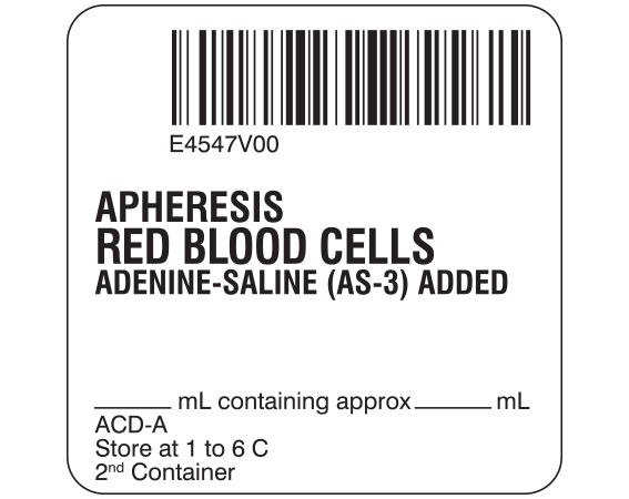 SB128-20-77 White 2 " x 2" Red Blood Cells Product Labels for Compliance with ISBT 128 Standards - With Imprint: E4547V00 / APHERESIS / RED BLOOD CELLS / ADENINE-SALINE (AS-3) ADDED / _____ mL containing approx _____ mL / ACD-A / Store at 1 to 6 C / 2nd Container