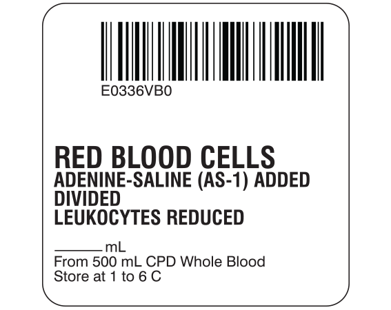 SB128-20D-26B White 2 " x 2" Red Blood Cells Product Labels for Compliance with ISBT 128 Standards - With Imprint: E0336VB0 / RED BLOOD CELLS / ADENINE-SALINE (AS-1) ADDED / DIVIDED / LEUKOCYTES REDUCED / _____ mL / From 500 mL CPD Whole Blood / Store at 1 to 6 C