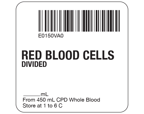 SB128-20D-49A White 2 " x 2" Red Blood Cells Product Labels for Compliance with ISBT 128 Standards - With Imprint: E0150VA0 / RED BLOOD CELLS / DIVIDED / _____ mL / From 450 mL CPD Whole Blood / Store at 1 to 6 C