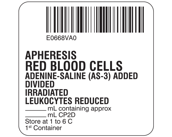 SB128-20D-51A White 2 " x 2" Red Blood Cells Product Labels for Compliance with ISBT 128 Standards - With Imprint: E0668VA0 / APHERESIS / RED BLOOD CELLS / ADENINE-SALINE (AS-3) ADDED / DIVIDED / IRRADIATED / LEUKOCYTES REDUCED / _____ mL containing approx / _____ mL CP2D / Store at 1 to 6 C / 1st Container