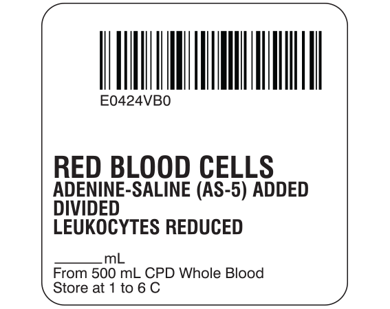 SB128-20D-52B White 2 " x 2" Red Blood Cells Product Labels for Compliance with ISBT 128 Standards - With Imprint: E0424VB0 / RED BLOOD CELLS / ADENINE-SALINE (AS-5) ADDED / DIVIDED / LEUKOCYTES REDUCED / _____ mL / From 500 mL CPD Whole Blood / Store at 1 to 6 C