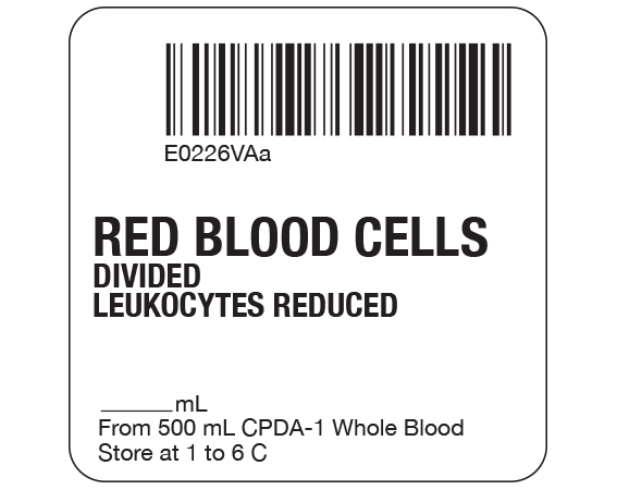 SB128-20D-56AA White 2 " x 2" Red Blood Cells Product Labels for Compliance with ISBT 128 Standards - With Imprint: E0226VAa / RED BLOOD CELLS / DIVIDED / LEUKOCYTES REDUCED / _____ mL / From 500 mL CPDA-1 Whole Blood / Store at 1 to 6 C