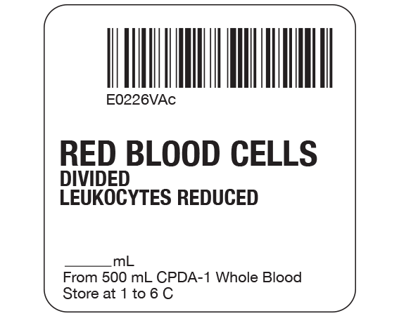 SB128-20D-56AC White 2 " x 2" Red Blood Cells Product Labels for Compliance with ISBT 128 Standards - With Imprint: E0226VAc / RED BLOOD CELLS / DIVIDED / LEUKOCYTES REDUCED / _____ mL / From 500 mL CPDA-1 Whole Blood / Store at 1 to 6 C