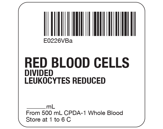 SB128-20D-56BA White 2 " x 2" Red Blood Cells Product Labels for Compliance with ISBT 128 Standards - With Imprint: E0226VBa / RED BLOOD CELLS / DIVIDED / LEUKOCYTES REDUCED / _____ mL / From 500 mL CPDA-1 Whole Blood / Store at 1 to 6 C