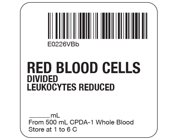 SB128-20D-56BB White 2 " x 2" Red Blood Cells Product Labels for Compliance with ISBT 128 Standards - With Imprint: E0226VBb / RED BLOOD CELLS / DIVIDED / LEUKOCYTES REDUCED / _____ mL / From 500 mL CPDA-1 Whole Blood / Store at 1 to 6 C