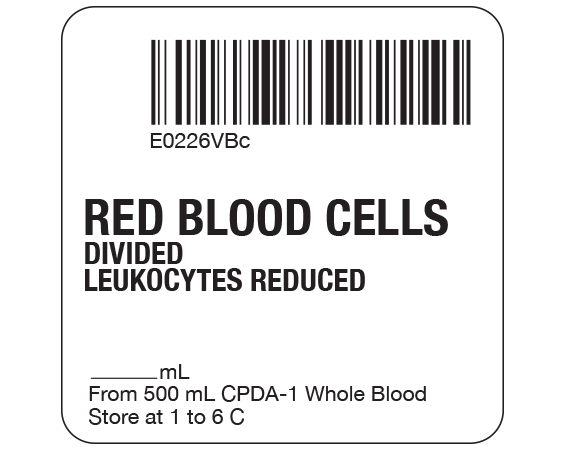 SB128-20D-56BC White 2 " x 2" Red Blood Cells Product Labels for Compliance with ISBT 128 Standards - With Imprint: E0226VBc / RED BLOOD CELLS / DIVIDED / LEUKOCYTES REDUCED / _____ mL / From 500 mL CPDA-1 Whole Blood / Store at 1 to 6 C