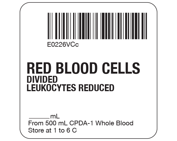 SB128-20D-56CC White 2 " x 2" Red Blood Cells Product Labels for Compliance with ISBT 128 Standards - With Imprint: E0226VCc / RED BLOOD CELLS / DIVIDED / LEUKOCYTES REDUCED / _____ mL / From 500 mL CPDA-1 Whole Blood / Store at 1 to 6 C
