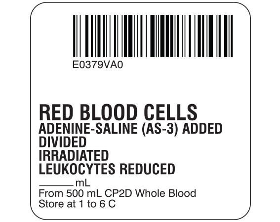 SB128-20D-57A White 2 " x 2" Red Blood Cells Product Labels for Compliance with ISBT 128 Standards - With Imprint: E0379VA0 / RED BLOOD CELLS / ADENINE-SALINE (AS-3) ADDED / DIVIDED / IRRADIATED / LEUKOCYTES REDUCED / _____ mL / From 500 mL CP2D Whole Blood / Store at 1 to 6 C