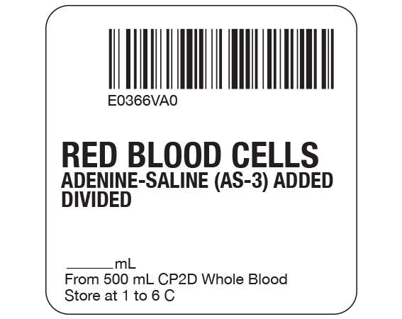 SB128-20D-58A White 2 " x 2" Red Blood Cells Product Labels for Compliance with ISBT 128 Standards - With Imprint: E0366VA0 / RED BLOOD CELLS / ADENINE-SALINE (AS-3) ADDED / DIVIDED / _____ mL / From 500 mL CP2D Whole Blood / Store at 1 to 6 C