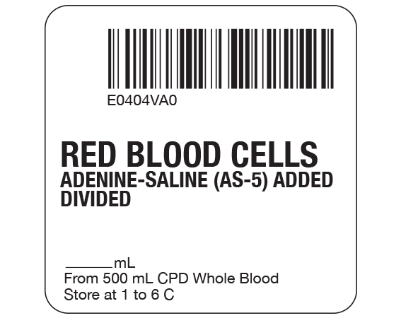 SB128-20D-59A White 2 " x 2" Red Blood Cells Product Labels for Compliance with ISBT 128 Standards - With Imprint: E0404VA0 / RED BLOOD CELLS / ADENINE-SALINE (AS-5) ADDED / DIVIDED / _____ mL / From 500 mL CPD Whole Blood / Store at 1 to 6 C