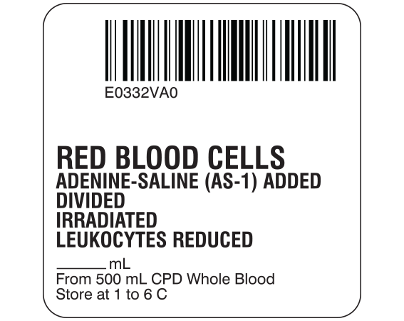 SB128-20D-60A White 2 " x 2" Red Blood Cells Product Labels for Compliance with ISBT 128 Standards - With Imprint: E0332VA0 / RED BLOOD CELLS / ADENINE-SALINE (AS-1) ADDED / DIVIDED / IRRADIATED / LEUKOCYTES REDUCED / _____ mL / From 500 mL CPD Whole Blood / Store at 1 to 6 C
