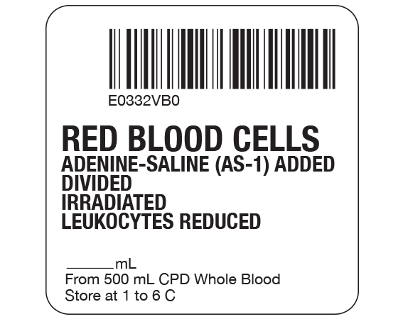 SB128-20D-60B White 2 " x 2" Red Blood Cells Product Labels for Compliance with ISBT 128 Standards - With Imprint: E0332VB0 / RED BLOOD CELLS / ADENINE-SALINE (AS-1) ADDED / DIVIDED / IRRADIATED / LEUKOCYTES REDUCED / _____ mL / From 500 mL CPD Whole Blood / Store at 1 to 6 C