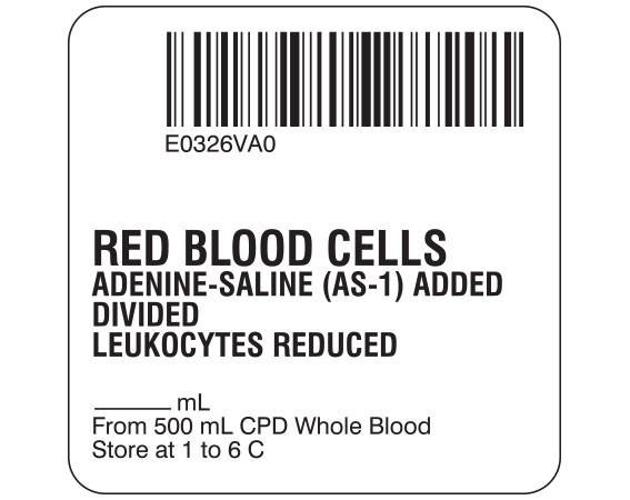 SB128-20D-61A White 2 " x 2" Red Blood Cells Product Labels for Compliance with ISBT 128 Standards - With Imprint: E0326VA0 / RED BLOOD CELLS / ADENINE-SALINE (AS-1) ADDED / DIVIDED / LEUKOCYTES REDUCED / _____ mL / From 500 mL CPD Whole Blood / Store at 1 to 6 C