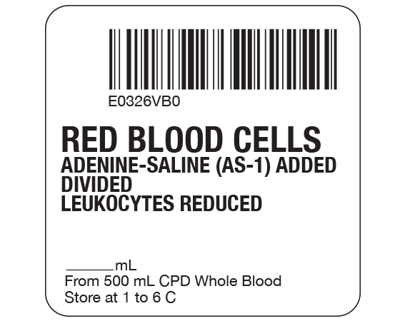 SB128-20D-61B White 2 " x 2" Red Blood Cells Product Labels for Compliance with ISBT 128 Standards - With Imprint: E0326VB0 / RED BLOOD CELLS / ADENINE-SALINE (AS-1) ADDED / DIVIDED / LEUKOCYTES REDUCED / _____ mL / From 500 mL CPD Whole Blood / Store at 1 to 6 C