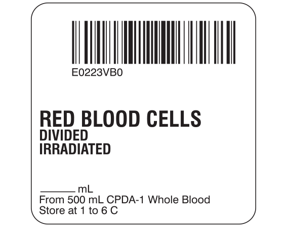 SB128-20D-67B White 2 " x 2" Red Blood Cells Product Labels for Compliance with ISBT 128 Standards - With Imprint: E0223VB0 / RED BLOOD CELLS / DIVIDED / IRRADIATED / _____ mL / From 500 mL CPDA-1 Whole Blood / Store at 1 to 6 C
