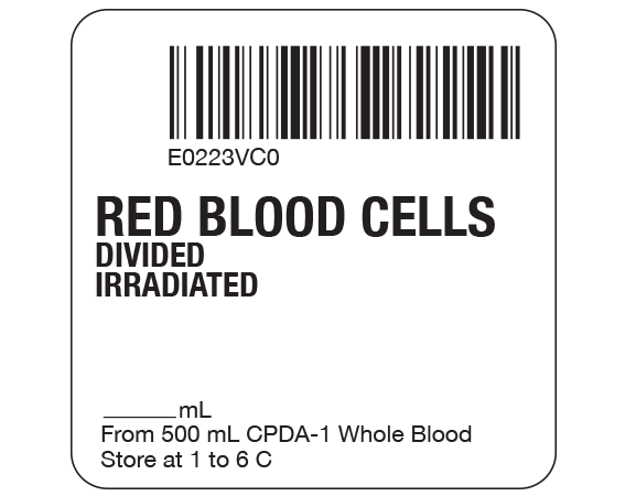 SB128-20D-67C White 2 " x 2" Red Blood Cells Product Labels for Compliance with ISBT 128 Standards - With Imprint: E0223VC0 / RED BLOOD CELLS / DIVIDED / IRRADIATED / _____ mL / From 500 mL CPDA-1 Whole Blood / Store at 1 to 6 C