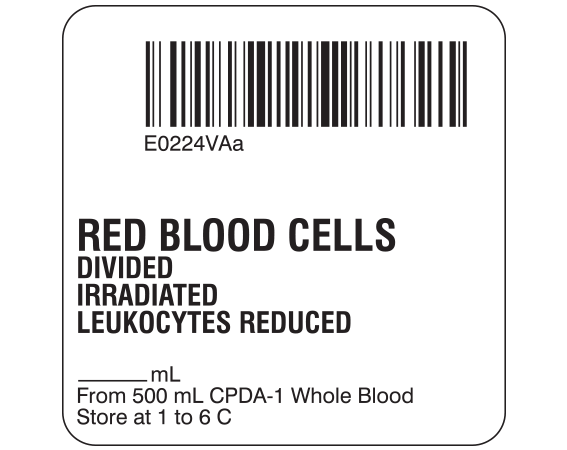 SB128-20D-6AA White 2 " x 2" Red Blood Cells Product Labels for Compliance with ISBT 128 Standards - With Imprint: E0224VAa / RED BLOOD CELLS / DIVIDED / IRRADIATED / LEUKOCYTES REDUCED / _____ mL / From 500 mL CPDA-1 Whole Blood / Store at 1 to 6 C