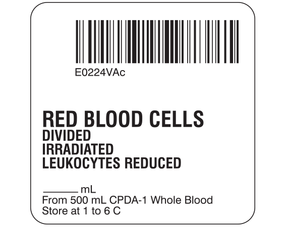 SB128-20D-6AC White 2 " x 2" Red Blood Cells Product Labels for Compliance with ISBT 128 Standards - With Imprint: E0224VAc / RED BLOOD CELLS / DIVIDED / IRRADIATED / LEUKOCYTES REDUCED / _____ mL / From 500 mL CPDA-1 Whole Blood / Store at 1 to 6 C