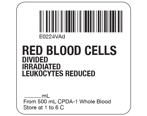SB128-20D-6AD White 2 " x 2" Red Blood Cells Product Labels for Compliance with ISBT 128 Standards - With Imprint: E0224VAd / RED BLOOD CELLS / DIVIDED / IRRADIATED / LEUKOCYTES REDUCED / _____ mL / From 500 mL CPDA-1 Whole Blood / Store at 1 to 6 C