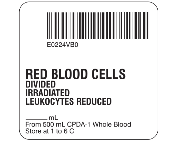 SB128-20D-6B White 2 " x 2" Red Blood Cells Product Labels for Compliance with ISBT 128 Standards - With Imprint: E0224VB0 / RED BLOOD CELLS / DIVIDED / IRRADIATED / LEUKOCYTES REDUCED / From 500 mL CPDA-1 Whole Blood / Store at 1 to 6 C