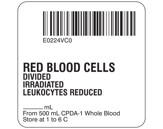 SB128-20D-6C White 2 " x 2" Red Blood Cells Product Labels for Compliance with ISBT 128 Standards - With Imprint: E0224VC0 / RED BLOOD CELLS / DIVIDED / IRRADIATED / LEUKOCYTES REDUCED / From 500 mL CPDA-1 Whole Blood / Store at 1 to 6 C