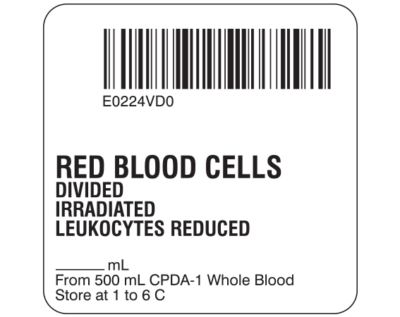 SB128-20D-6D White 2 " x 2" Red Blood Cells Product Labels for Compliance with ISBT 128 Standards - With Imprint: E0224VD0 / RED BLOOD CELLS / DIVIDED / IRRADIATED / LEUKOCYTES REDUCED / From 500 mL CPDA-1 Whole Blood / Store at 1 to 6 C