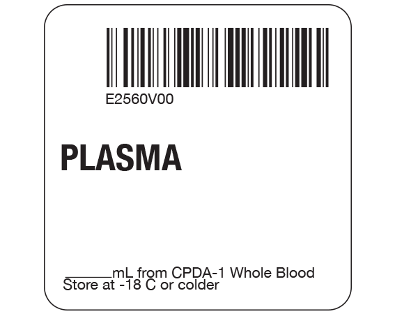 SB128-40-6 White 2 " x 2" Plasma Product Labels for Compliance with ISBT 128 Standards - With Imprint: E2560V00 / PLASMA / _____ mL from CPDA-1 Whole Blood / Store at -18 C or colder