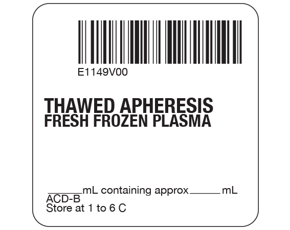 SB128-41-4 White 2 " x 2" Fresh Frozen Plasma Product Labels for Compliance with ISBT 128 Standards - With Imprint: E1149V00 / THAWED APHERESIS / FRESH FROZEN PLASMA / _____ mL containing approx _____ mL / ACD-B / Store at 1 to 6 C