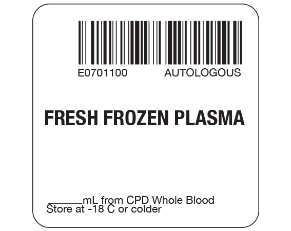 SB128-41-6-1 White 2 " x 2" Fresh Frozen Plasma Product Labels for Compliance with ISBT 128 Standards - With Imprint: E0701100 AUTOLOGOUS / FRESH FROZEN PLASMA / _____ mL from CPD Whole Blood / Store at -18 C or colder