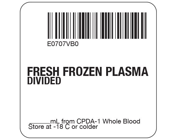 SB128-41D-2B White 2 " x 2" Fresh Frozen Plasma Product Labels for Compliance with ISBT 128 Standards - With Imprint: E0707VB0 / FRESH FROZEN PLASMA / DIVIDED / _____ mL from CPDA-1 Whole Blood / Store at -18 C or colder