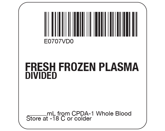 SB128-41D-2D White 2 " x 2" Fresh Frozen Plasma Product Labels for Compliance with ISBT 128 Standards - With Imprint: E0707VD0 / FRESH FROZEN PLASMA / DIVIDED / _____ mL from CPDA-1 Whole Blood / Store at -18 C or colder