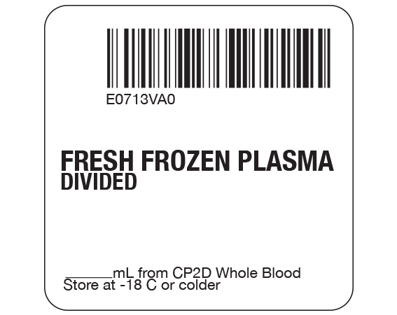 SB128-41D-8A White 2 " x 2" Fresh Frozen Plasma Product Labels for Compliance with ISBT 128 Standards - With Imprint: E0713VA0 / FRESH FROZEN PLASMA / DIVIDED / _____ mL from CP2D Whole Blood / Store at -18 C or colder