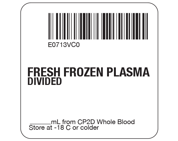 SB128-41D-8C White 2 " x 2" Fresh Frozen Plasma Product Labels for Compliance with ISBT 128 Standards - With Imprint: E0713VC0 / FRESH FROZEN PLASMA / DIVIDED / _____ mL from CP2D Whole Blood / Store at -18 C or colder