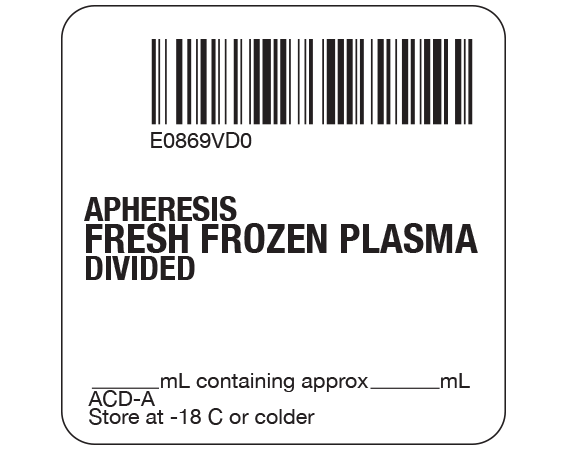 SB128-41D-9D White 2 " x 2" Fresh Frozen Plasma Product Labels for Compliance with ISBT 128 Standards - With Imprint: E0869VD0 / APHERESIS / FRESH FROZEN PLASMA / DIVIDED / _____ mL containing approx _____ mL / ACD-A / Store at -18 C or colder